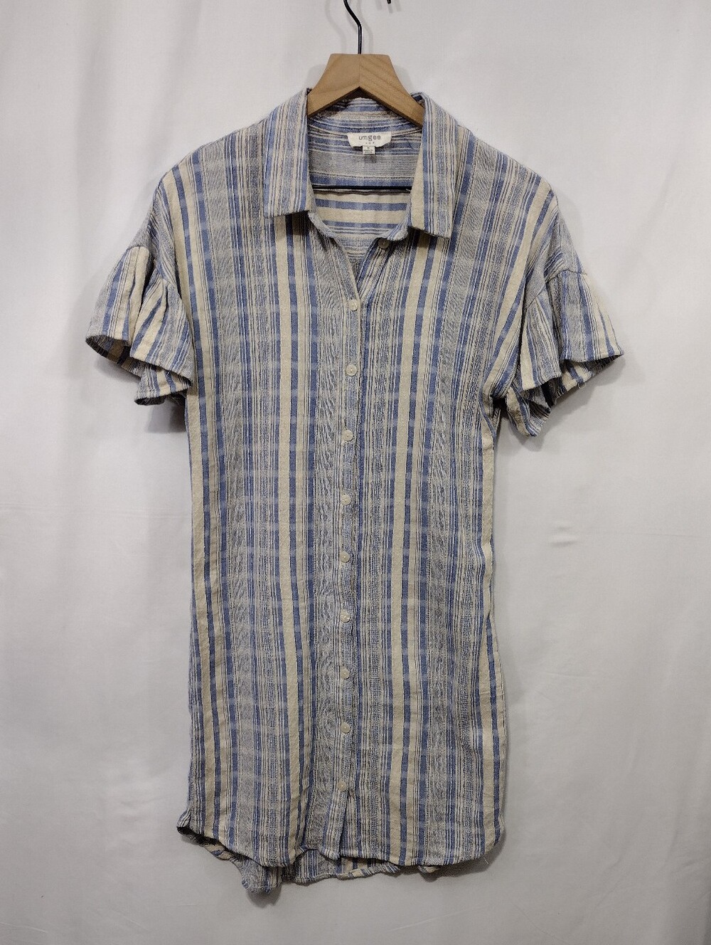 Umgee Blue & Cream Striped Button-Front Shirt Dress Women's S Boho Retro Beach